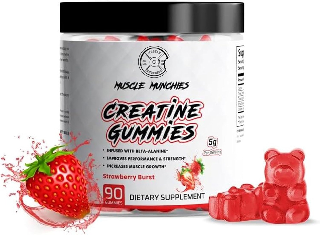 Muscle Munchies Creatin Chewable Gummies for Mænd & Women- Infunded with Beta Alanine- 5g Creatin Per Serving- Øger Styrke, Endurance, & Recovery- Vegan, NonGMO (Strawberry Burst)
