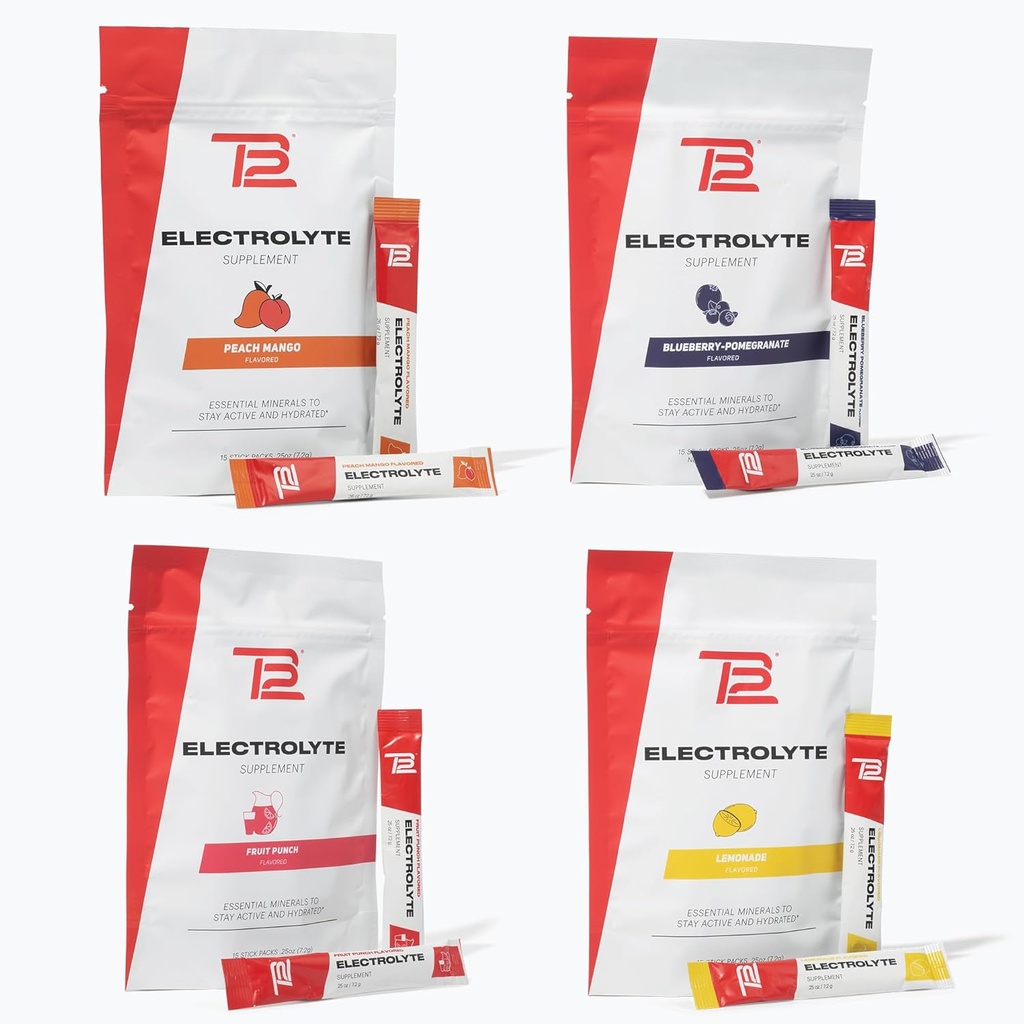 TB12 Elektrolytpulver til hurtig hydrering af Tom Brady, 4-Pack Stickpacks (Lemonade, Blåbær Pomegranat, Frugt Punch & Peach Mango), Natural, Let at blande. Lavsukker, Lavkalorie (60 Servere)