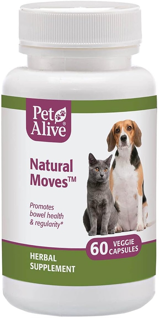 PetAlive Natural Moves - Alle naturlige urter supplement fremmer tarmsundhed og regelmæssighed i katte og hunde - 60 Veggie Caps