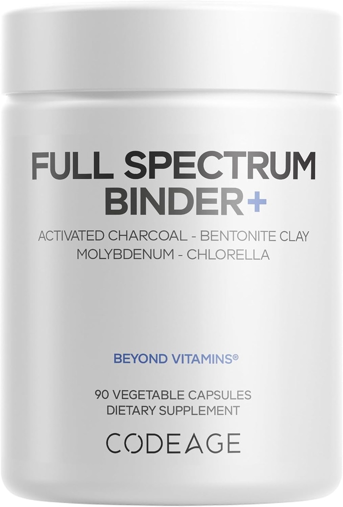 Kodeage Binder + Systemisk Binder Supplement - Aktiveret kul piller, Bentonit Clay Mineral Powder, Fulvic & Humanic Acid, Molybdæn, Carbon Forms - 90 Kapsler