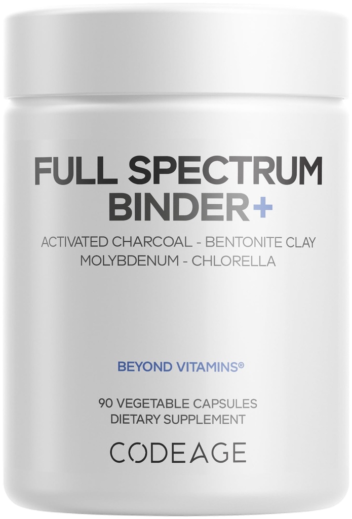 Kodeage Binder + Systemisk Binder Supplement - Aktiveret kul piller, Bentonit Clay Mineral Powder, Fulvic & Humanic Acid, Molybdæn, Carbon Forms - 90 Kapsler