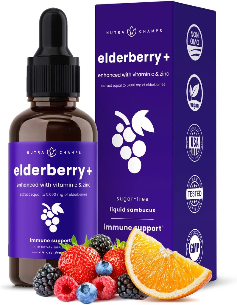 NutraChamps Organic Elderberry Syrup - 5000mg Elderberry Extract med C-vitamin & Zink - Black Elderberry Liquid Drops - Sugar- Free Immunity Booster, Vegan, Gluten- Free