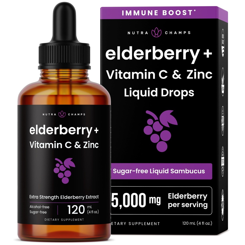 NutraChamps Organic Elderberry Syrup - Elderberry Extract with Vitamin C & Zinc - Black Elderberry Liquid Drops - Sugar-Free Immunity Booster, Vegan, Gluten-Free