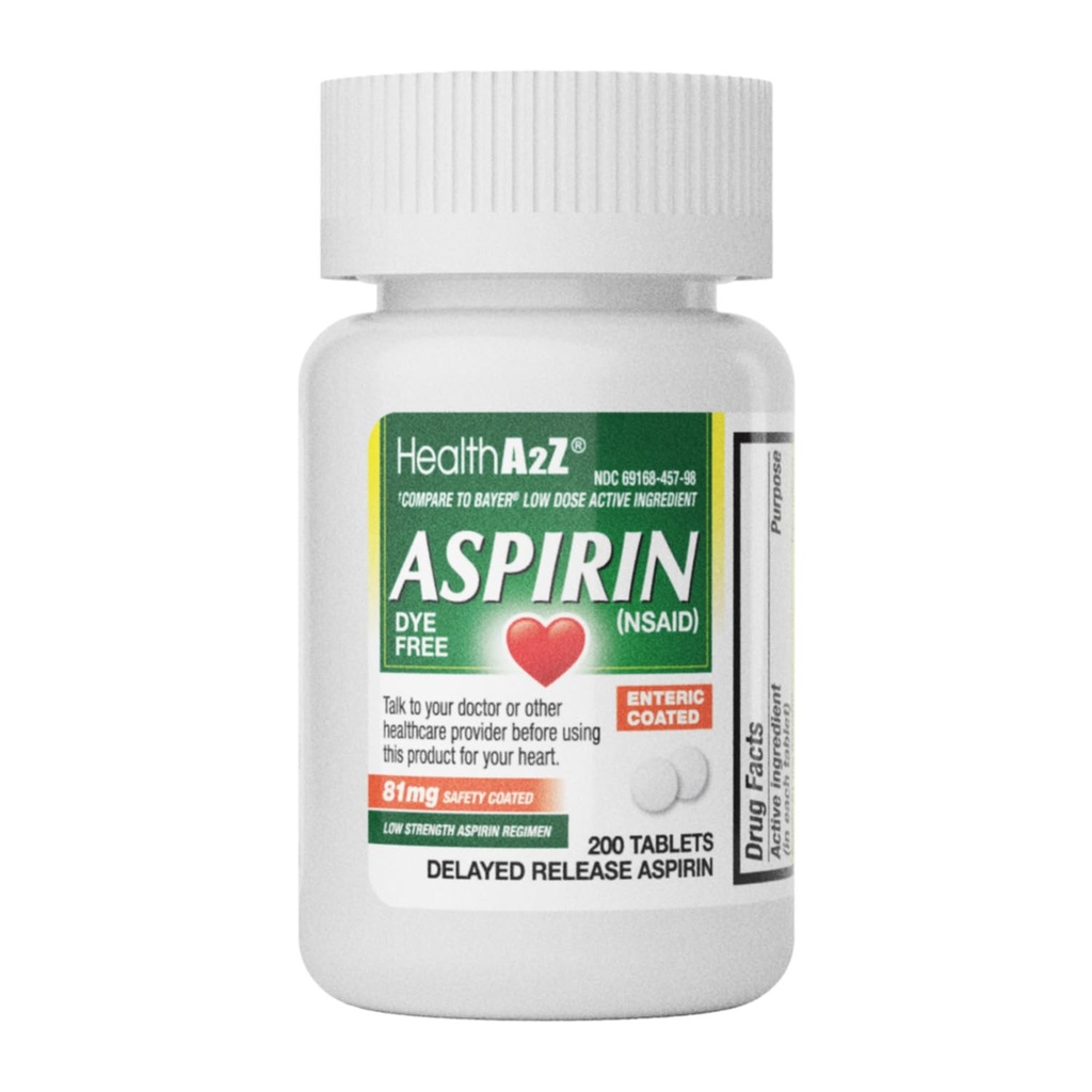 HealthA2Z ® Aspirin 81 mg 10 mg 12 4; DYE gratis 125 4; lav styrke 12 4; 200 tællinger 124; smertelindring 124; reducerer mindre Aches Muskelsmerter & kramper 124; Feber Reducerer 124; Reducerer Hovedpine 124; (NSAID)