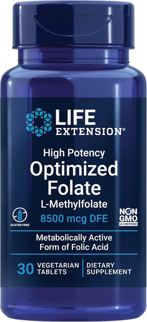 Life Extension High Potency Optimized Folate - L- methylfolate - Folinsyre, 8500 mcg DFE - Heart & Brain Support, Sund Homocysteine Levels - Gluten- Free, Non- GMO, Vegetar - 30 tabletter
