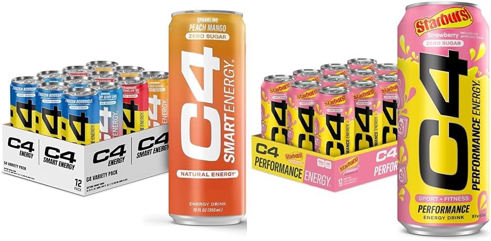 C4 Energy & Smart Energy Drinks Variety Pack, Sugar Free Pre Workout Performance Drink & C4 Energy Drink, STARBURST Strawberry, Carbonated Sugar Free Pre Workout Performance Drink