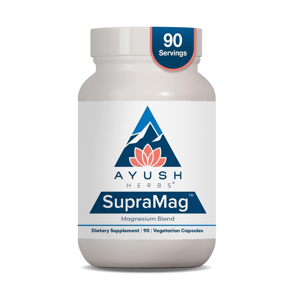 Ayush Herbs SupraMag - Magnesium Blend, 400mg Magnesium Complex Supplement with Chelated Magnesium Bisglycinate, Citrate, Ororate for Sleep, Energy, & Brain Health - 90 Servings