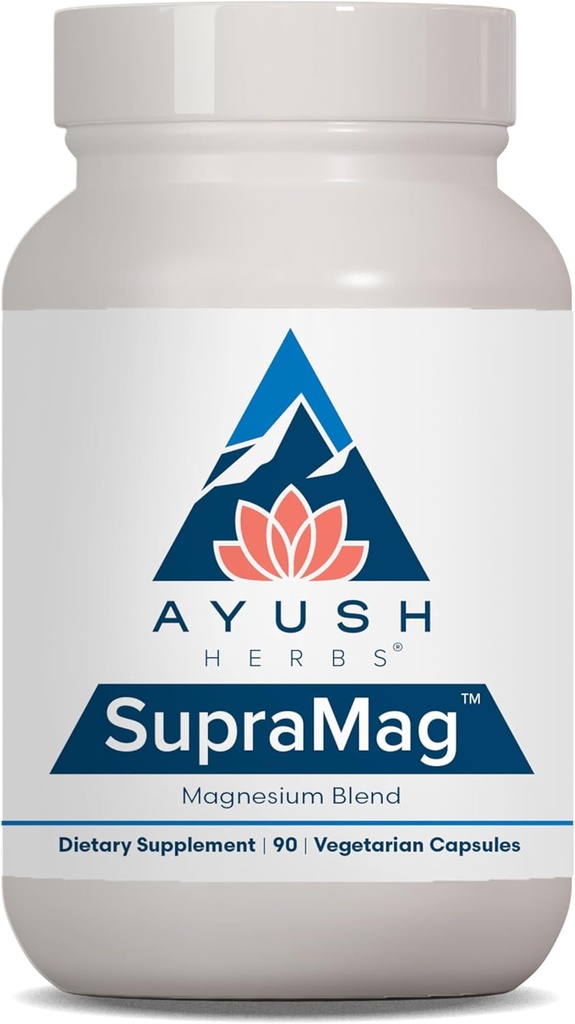Ayush Herbs SupraMag - Magnesium Blend, 400mg Magnesium Complex supplement med chelated Magnesium Bisglycinate, Citrate, Ororate for Sleep, Energy, & Brain Health - 90 Vegetariske kapsler (1 tæller)