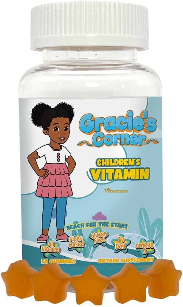 Gracie 's Corner Stars Kids Multivitamin Gummies med Omega 3 - Børns Vitaminer A, B, C, D - Star- Shaped Toddler Multivitaminer, Plant- baseret, Gluten- Free Kids Gummics, 60 Greve