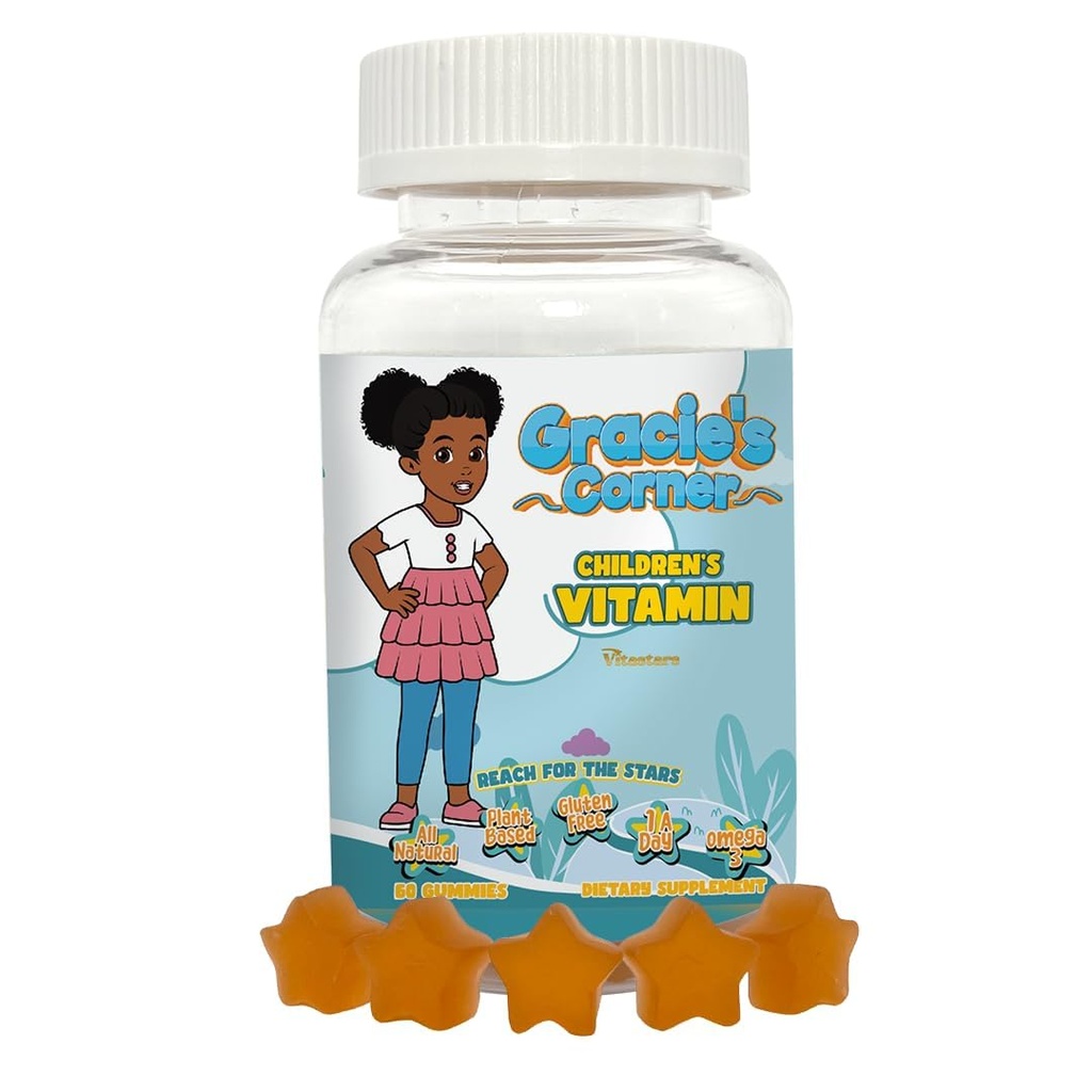 Gracie 's Corner Stars Kids Multivitamin Gummies med Omega 3 - Børns Vitaminer A, B, C, D - Star- Shaped Toddler Multivitaminer, Plant- baseret, Gluten- Free Kids Gummics, 60 Greve