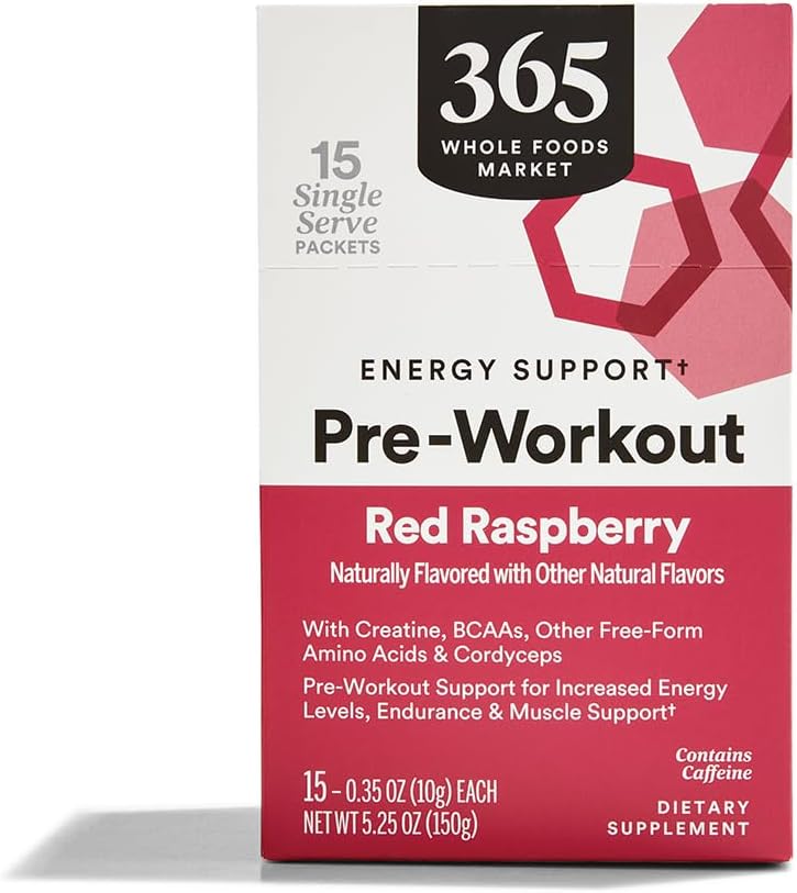 365 af Whole Foods Market, Pre- Workout Energy Support med koffein, Single-Serve Packets, Rød Hindbær, 15 Greve
