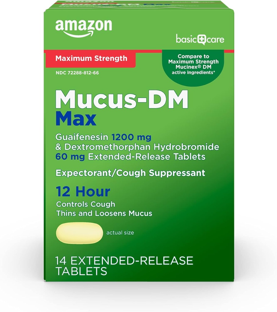 Basic Care Maximum Strength Mucus DM, Expectorant og Hough suppressant, 14 tabletter