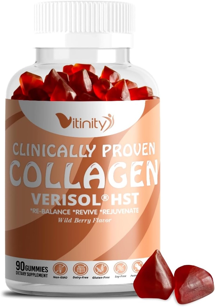 VITINITY VERISOL ® HST + HA + VIT C Collagen Hard Chewy Gummies Clinically Proven Beauty. Firmer, Smoother Skin, Færre Wrinkler, Reduceret Cellulite. Sand skønhed indefra. The LookGood Feel- 30 Day Supply