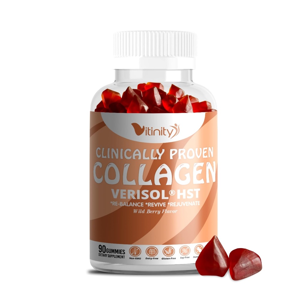 VITINITY VERISOL® HST+HA+VIT C Collagen Hard Chewy Gummies Clinically Proven Beauty.Firmer,Smoother Skin,Fewer Wrinkles,Reduced Cellulite.True Beauty from Within.The Look-Good Feel-Good -30 Day Supply