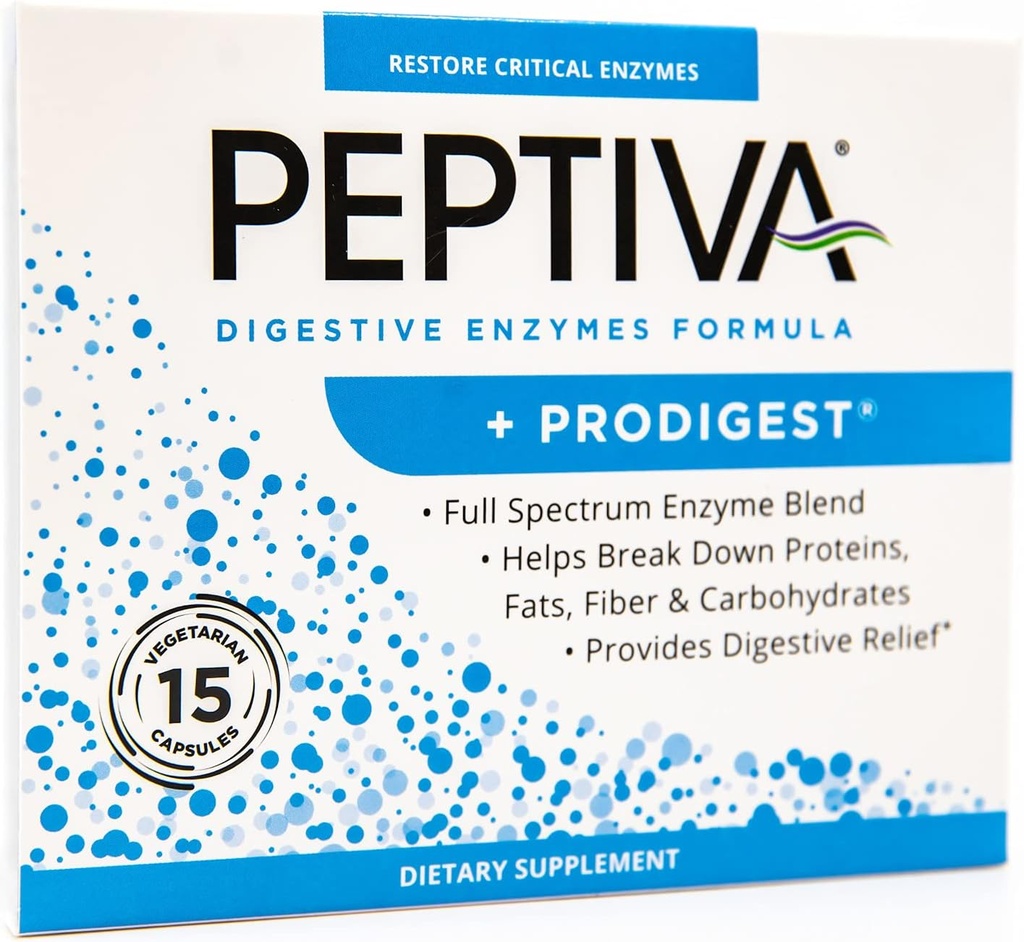 Peptiva fordøjelsesenzymer Supplement + ProDigest - Hjælper med Bloating, Gas, Forstoppelse - 15 Tæl