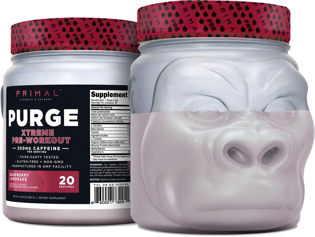 Primal udrensning Xtreme Pre- workout (Raspberry Lemonade Flavor) (20 Servere) - Gluten- Free + non- GMO