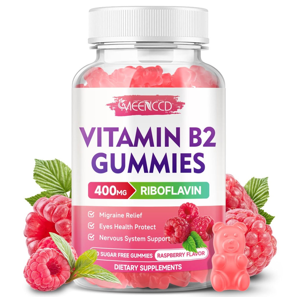Vitamin B2 Gummies Riboflavin 400mg tillæg med Magnesium til børn og voksne, B2 Gummies til migræne Relief & Nervesystemet support, Vegan, sukkerfri, Raspberry Flavor, 60 Greve