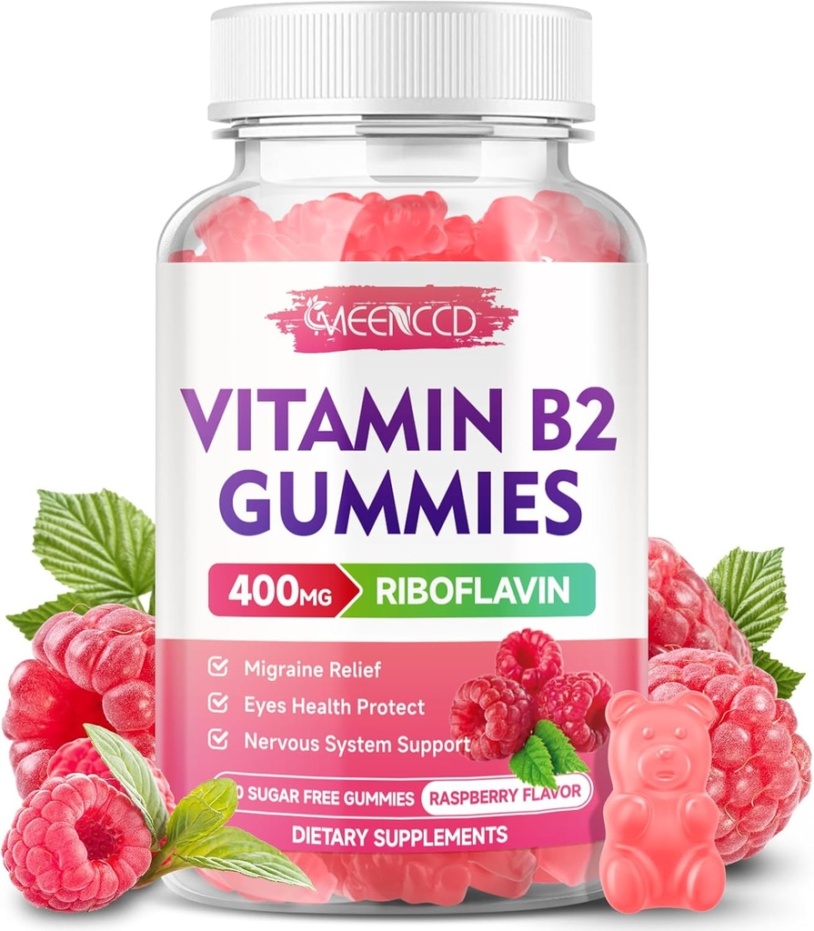 Vitamin B2 Gummies Riboflavin 400mg tillæg med Magnesium til børn og voksne, B2 Gummies til migræne Relief & Nervesystemet support, Vegan, sukkerfri, Raspberry Flavor, 60 Greve