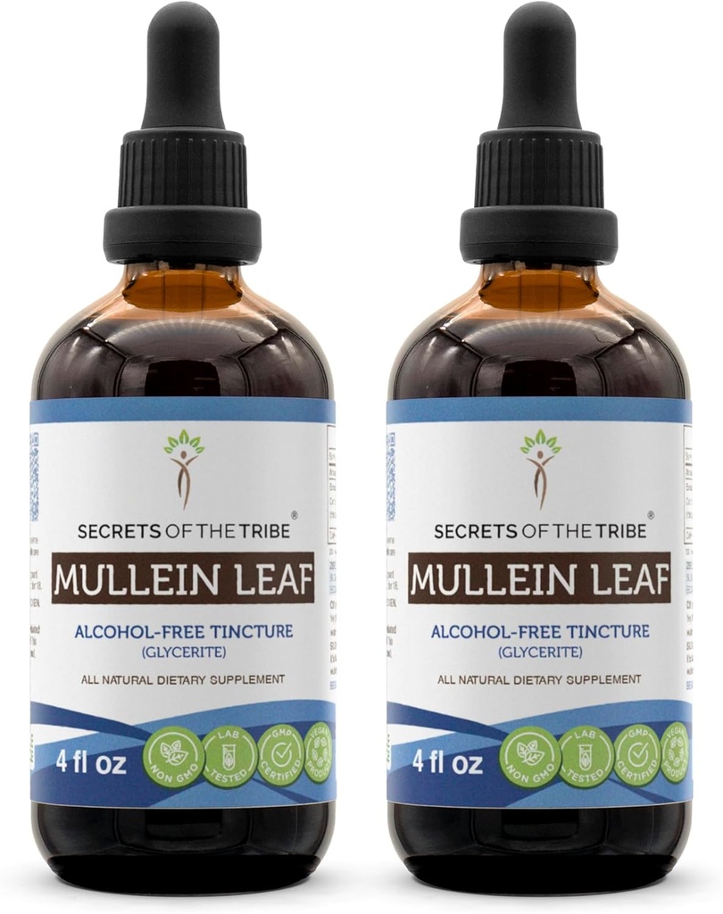 Secrets of the Tribe Mullein Leaf Alkohol- Free Liquid Extract, Mullein (Verbascum thapsus) Tincture Supplement (2x4 FL OZ)