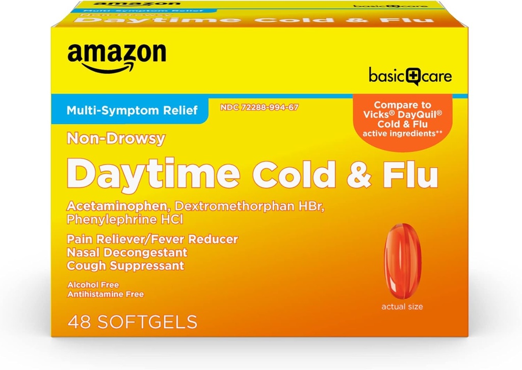 Basic Care Daytime Cold and Flu Relief Liquid Caps Softgel, Non- Drowsy Cold Medicine, Relief of Pain, Fever, Hough, Sore Throat, Nasal Congestion, 48 Greve