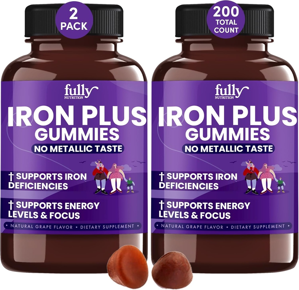 Iron Gummies Kosttilskud til voksne (kvinder, mænd) og børn - Grape Flavor - understøtter anæmi, energi og fokus niveauer - 200 Tæl