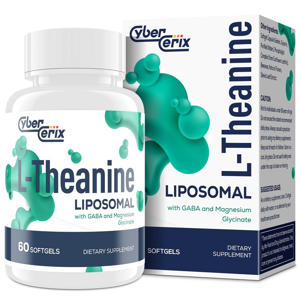 Liposomal L- Theanin 500mg, Kompleks med GABA 200mg & Magnesium 100mg, Ekstra styrke supplement til rolig, afslappende & fokus, Gluten Free - 60 kapsler