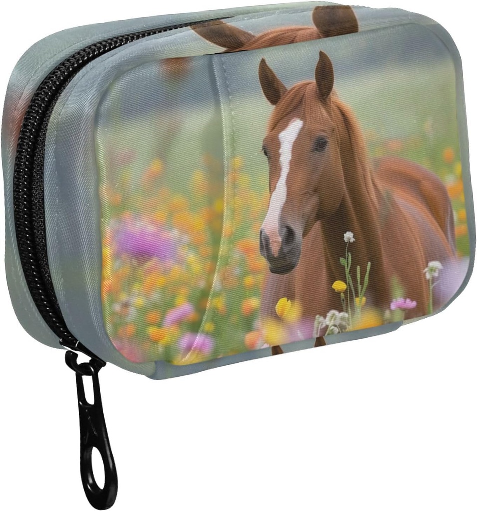 Fustylead Smukke Brown Horse i farverige Flower Field Pill Organizer sag med lynlås 2 gange en dag for vitamin og tillæg, 7 dages rejse Organizer Medicin sag