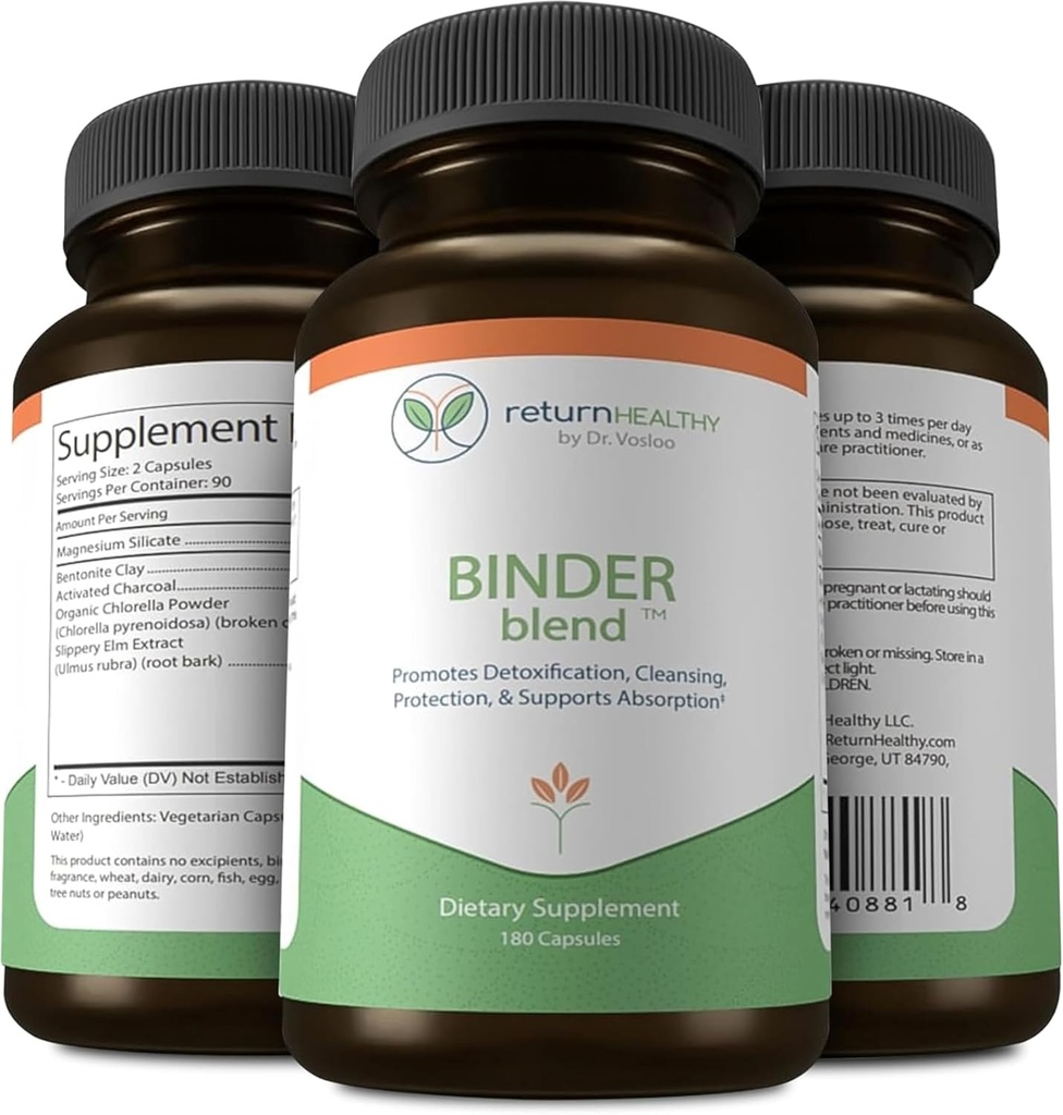 Binder Blend - Toxin Binder Supplement, Detox kapsler til en sund Gut - 180 Kapsler - 90 Servering - 960mg Aktiveret kul & 480mg Organic Chlorella - Bloating Relief - Bentonite Clay, 3 Pack