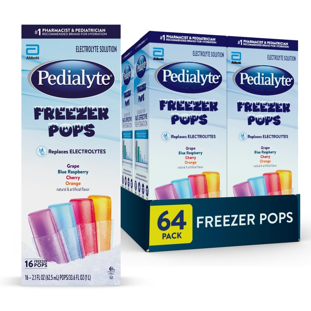 Pedialyte Electrolyte Solution Freezer Pops, Hydration Variety Pack - Grape, Blå Hindbær, Cherry, Orange, Pack af 64