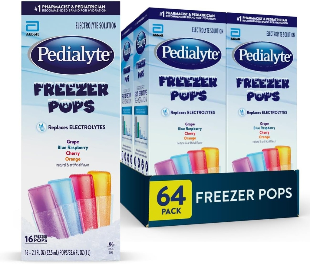 Pedialyte Electrolyte Solution Freezer Pops, Hydration Variety Pack - Grape, Blå Hindbær, Cherry, Orange, Pack af 64