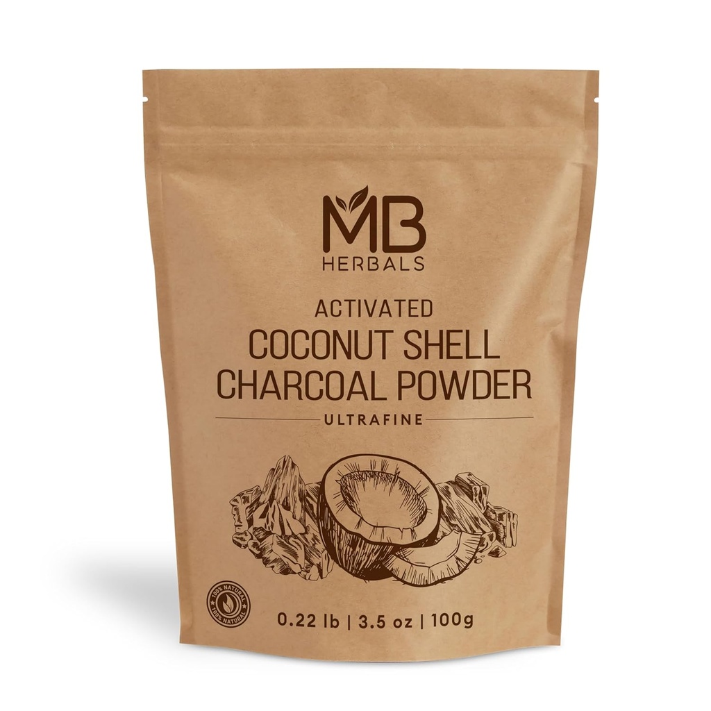 MB Herbals Aktiveret kul pulver fra kokos Shell 3,5 oz (100 Gram) Til ekstern brug kun 124; Til tandpulver Ansigtspakninger og Masker 124; Sæbe Layout 124; Må ikke Injest