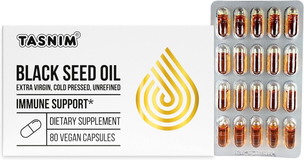 Tasnim Black Seed Oil Organic Cold Pressed Capsules 100% Pure Cold- Pressed Black Cumin Seed Oil Nigella Sativa til immunforsvar, fælles komfort og vitalitet