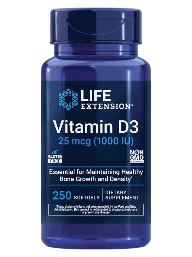 Life Extension Vitamin D3 25 mcg (1000 IE), Immunsystemet Support, Knoglesundhed, Whole- Body Health, Værdi, Gluten- Free, Non- GMO, 250 bløddele