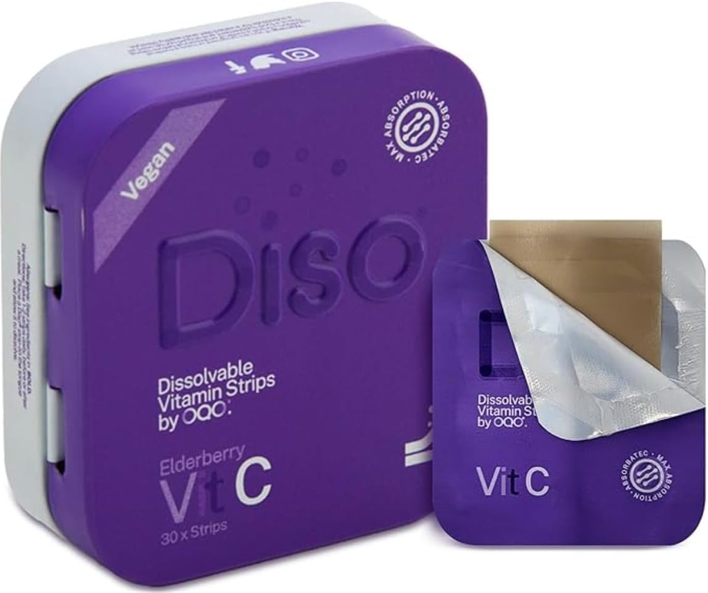 DISO - vitamin C - Fast- Opløsning Oral Strips, Elderberry Flavor, Øger immunitet, Vegan, Zero Sugar, Maksimal Absorption, Gluten fri, individuelt indpakket, 30 Opløselige Strips
