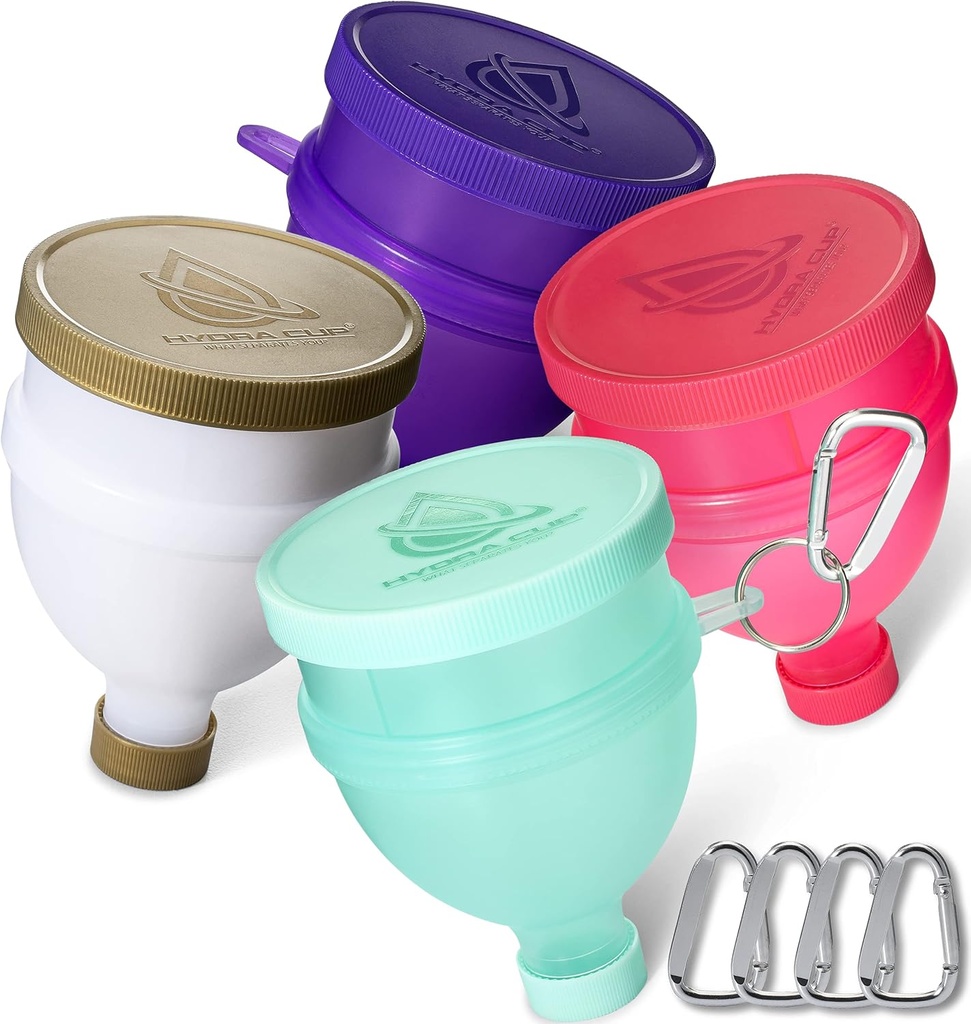 Hydra Cup [4 Pack tragte til påfyldning af vandflasker med protein pulver, 3 Segment Pill Storage, Supplement Container sæt til at gå eller køkken brug, Keychain til shaker Cup