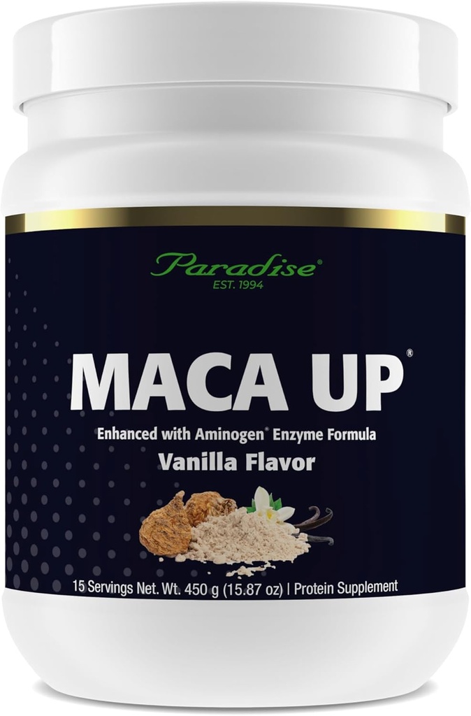 Paradise urter Maca Up Vanilla Vegan Protein Powder, Organic Pea & Brown Rice, Maca Root, Aminogen fordøjelsesmiddel Enzyme Blend, Nutrim Oat Bran Fiber, 15 Servere, 450 g