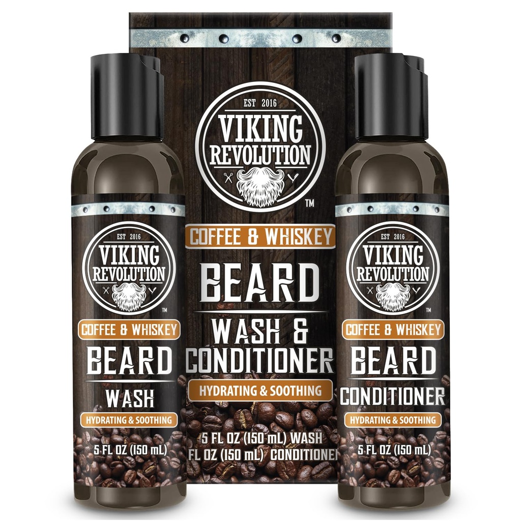 Viking Revolution Beard Wash og Beard Conditioner for mænd med Argan Oil og Jojoba Oil- Beard Softener og Styrker Beard Care Beard Shampoo og Conditioner med Ginseng Root (5oz, kaffe Whisky)