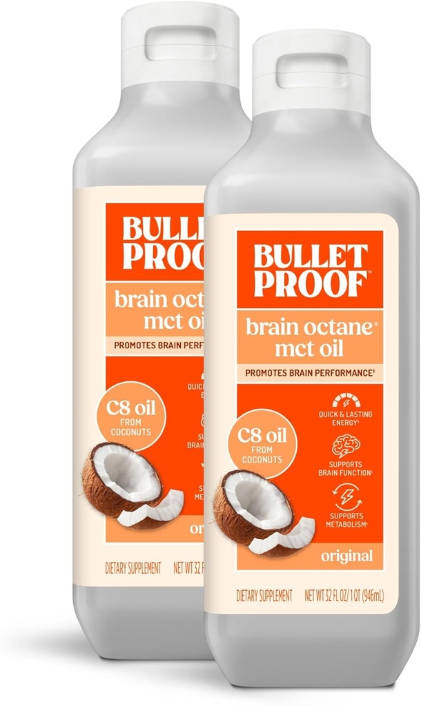Bulletproof Coconut Brain Octane C8 MCT Oil, 16 Ounces (Pack of 2), Premium Keto Supplement for Sustained Energy, Brain and Body Fuel, Unflavored, Add to Coffee and Smoothies, Packaging May Vary