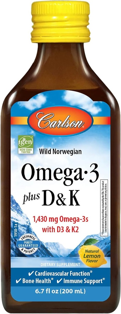 Carlson - Omega-3 + D & K, 1430 mg omega- 3s, 2000 IE (50 mcg) D3, 90 mcg K2 som MK- 7, Heart Health, Bone Support, Lemon, 200 ml