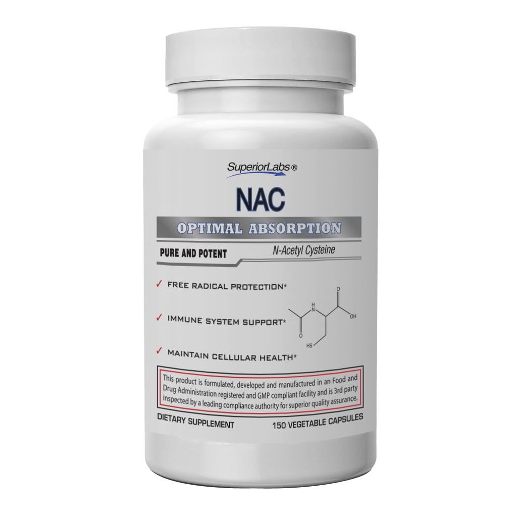 Superior Labs NAC (N- Acetylcystein) 1,200mg, 150 Vegetabilske kapsler, Kosttilskud med Selenium, Gratis Radikal Beskyttelse, Normal immunsystem funktion, vedligeholder cellulær sundhed