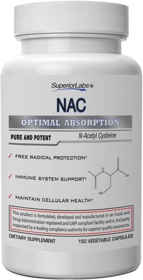 Superior Labs NAC (N- Acetylcystein) 1,200mg, 150 Vegetabilske kapsler, Kosttilskud med Selenium, Gratis Radikal Beskyttelse, Normal immunsystem funktion, vedligeholder cellulær sundhed