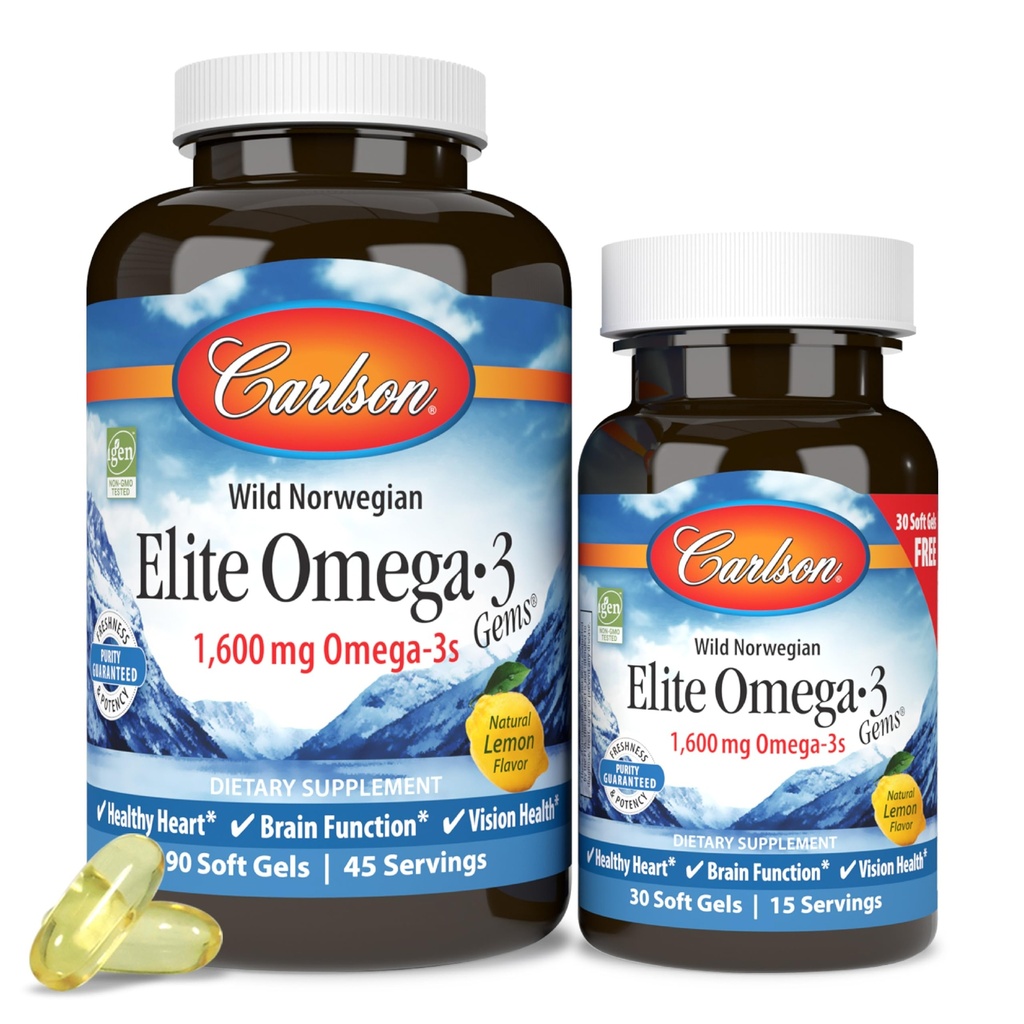 Carlson - Elite Omega-3 Gems, 1600 mg Omega-3 Fedtsyrer inkl. EPA og DHA, Norwegian, Wild- Caught Fish Oil Supplement, Sustainable Sourced Capsules, Lemon, 90 + 30 Softgels