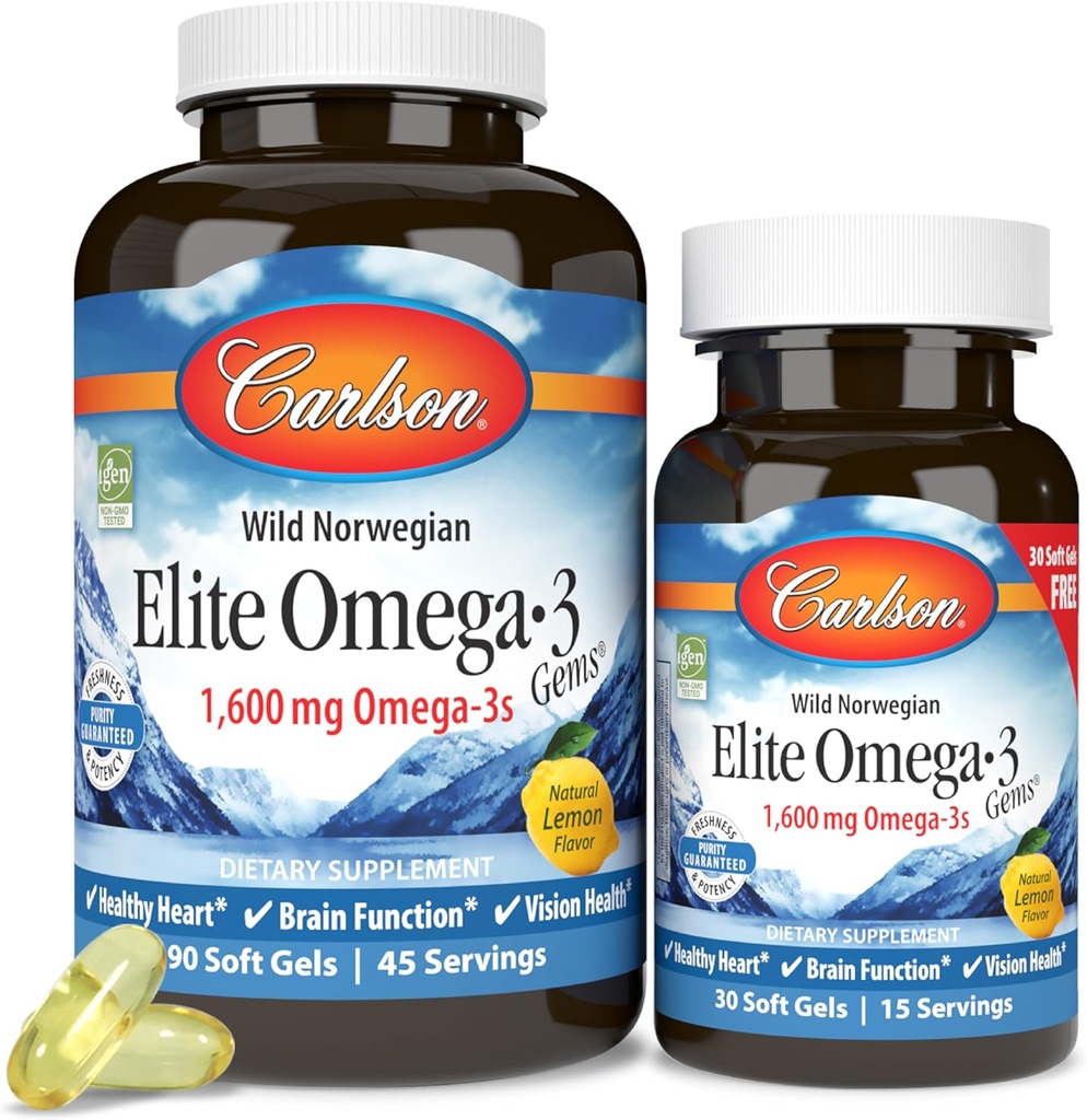 Carlson - Elite Omega-3 Gems, 1600 mg Omega-3 Fedtsyrer inkl. EPA og DHA, Norwegian, Wild- Caught Fish Oil Supplement, Sustainable Sourced Capsules, Lemon, 90 + 30 Softgels