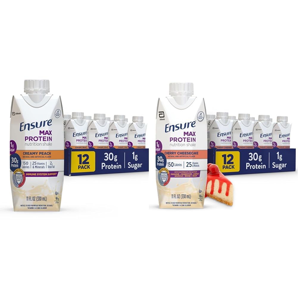 Sikre Max Protein Nutrition Shake med 30g Protein, 1g Sukker, High Protein Shake, Cremet Peach og Cherry Cheesecake Variety Pack, 11 fl oz, Pack of 12