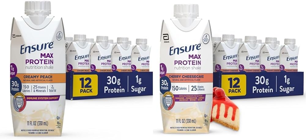 Sikre Max Protein Nutrition Shake med 30g Protein, 1g Sukker, High Protein Shake, Cremet Peach og Cherry Cheesecake Variety Pack, 11 fl oz, Pack of 12