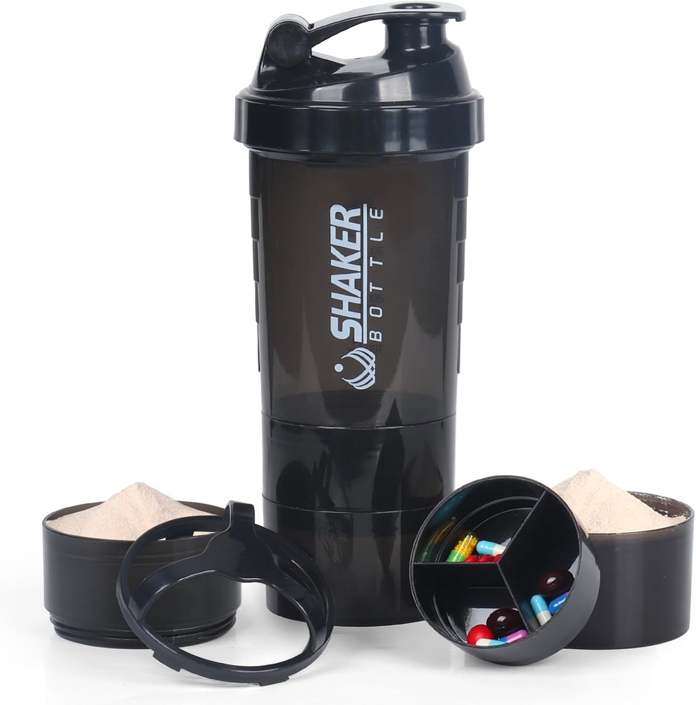 VECH Shaker Bottles for Protein Mixes Workout Shaker Leak Proof Water Bottle Non Slip 3 Layer Twist Off 3 OZ with Pill Tray for Storage Protein Powder Shake Bottle 16 OZ Shake Cup (Black)