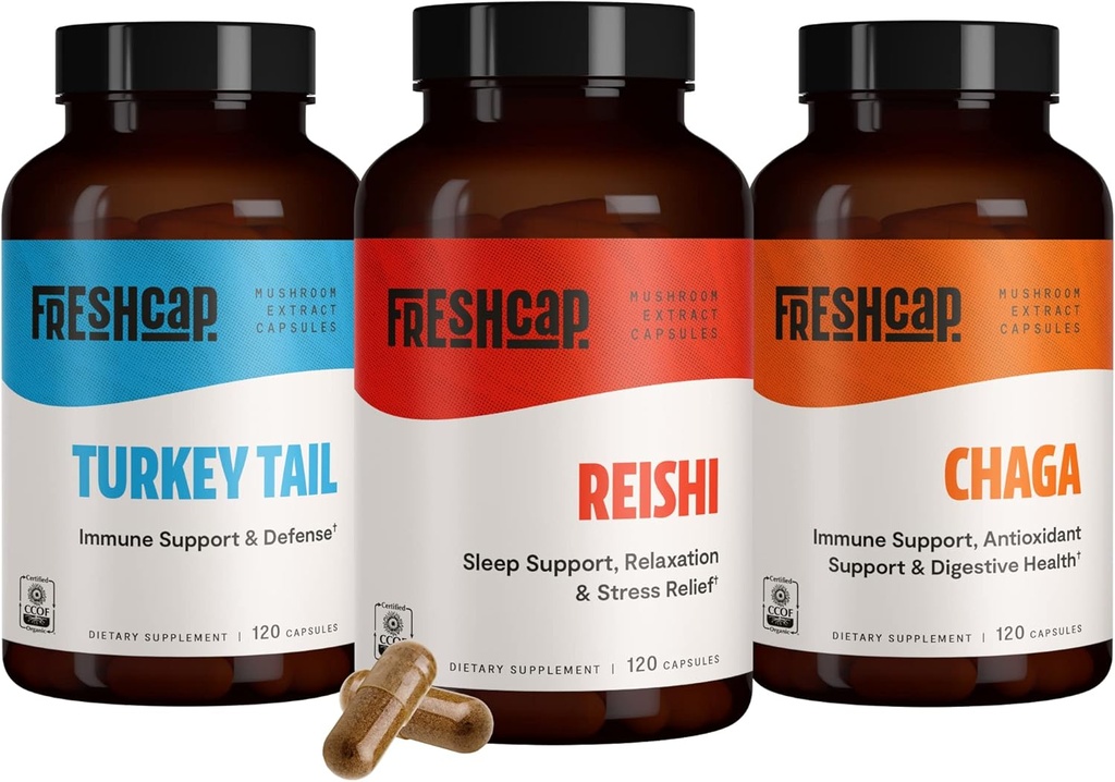 FreshCap immunforsvar Bundle (Reishi, Tyrkiet Hale, Chaga) Kapsler