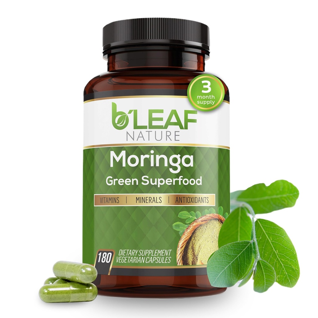 B 'LEAF NATUR Organic Moringa Kapsler 1000mg, 180 Count - Moringa Kapsler med Organic Olefeira pulver til immunforsvar, energi & balance - Vegan, non-GMO kosttilskud til daglig wellness