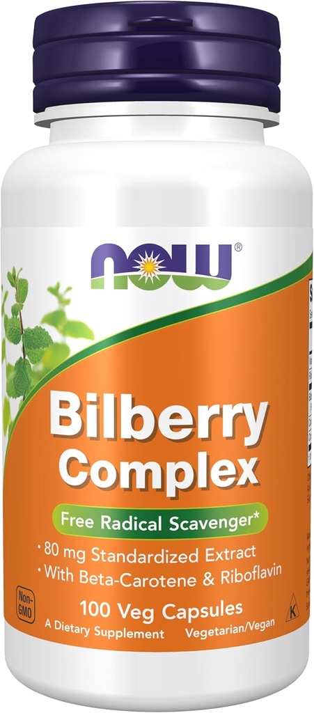 Now Foods Supplements, Bilberry (Vaccinium myrtillus) Complex 80 mg med Beta- Caroten & Riboflavin, 100 Veg kapsler