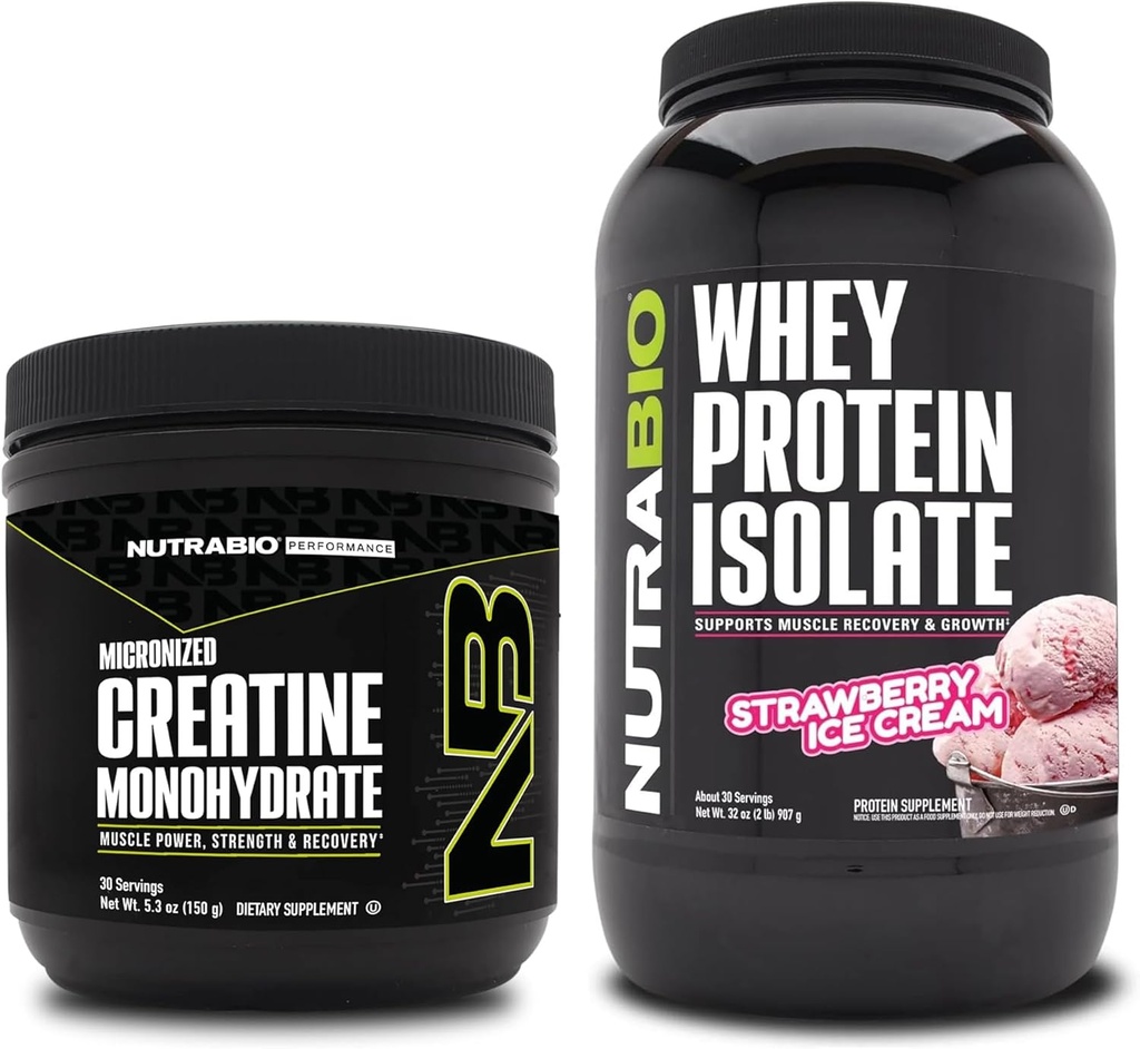 Nutrabio Creatin monohydrat, Unflavored, 150g og Whey Protein Isolate, Jordbær is, Supplement Bundle - Muskelenergi, Lean muskelvækst, Inddrivelse, og styrke